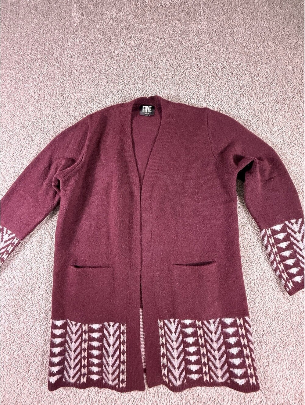 NWOT Frye Women’s Open Cardigan Size Large Burgundy Aztec Design With Pockets